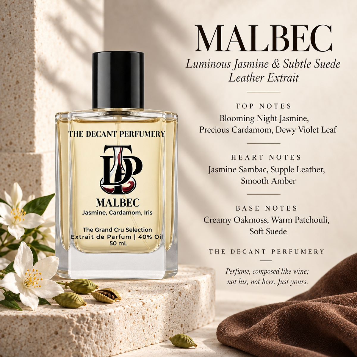 Malbec perfume bottle with top, heart and base notes