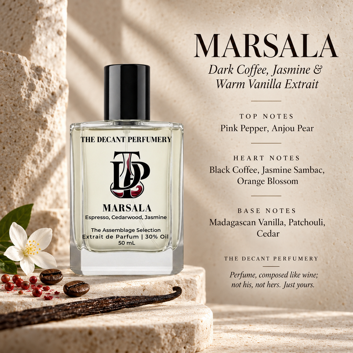 Marsala perfume bottle with top, heart and base notes