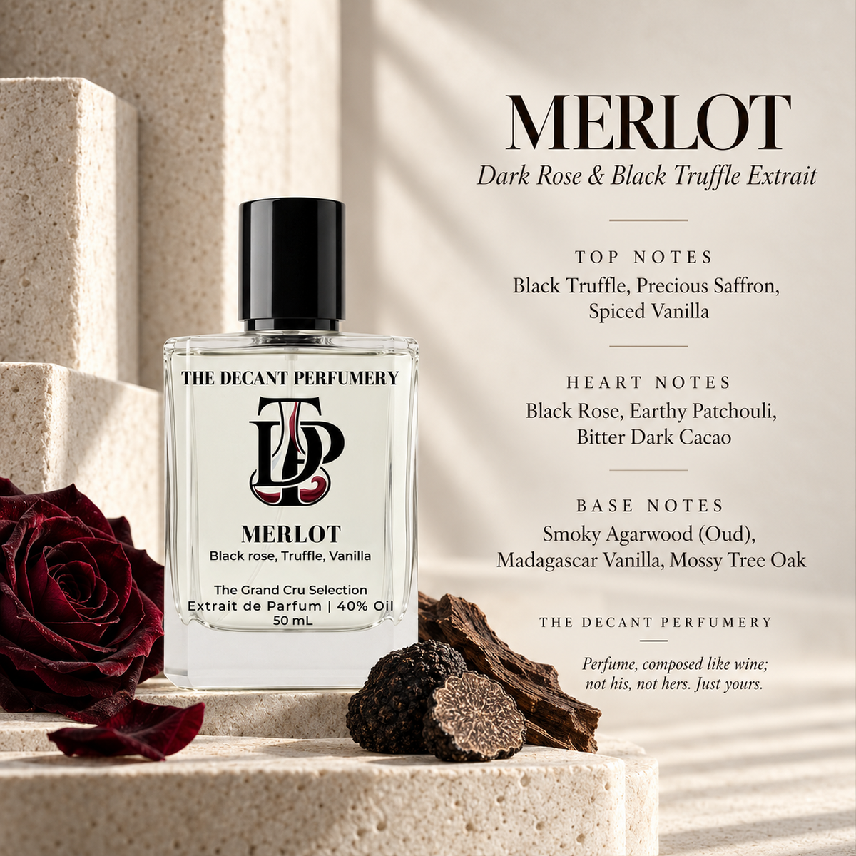 Merlot perfume bottle with top, heart and base notes