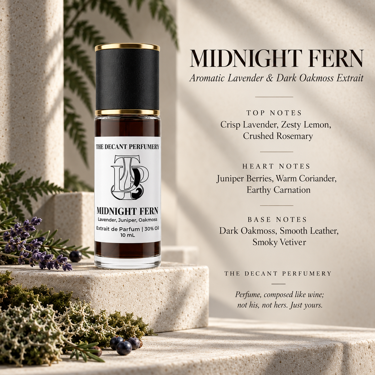 Midnight Fern perfume bottle with top, heart and base notes