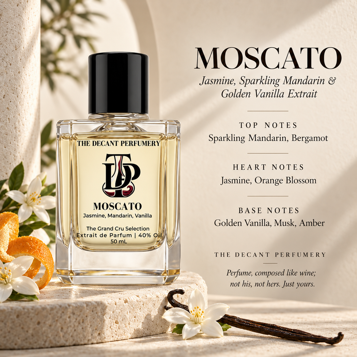 Moscato perfume bottle with top, heart and base notes