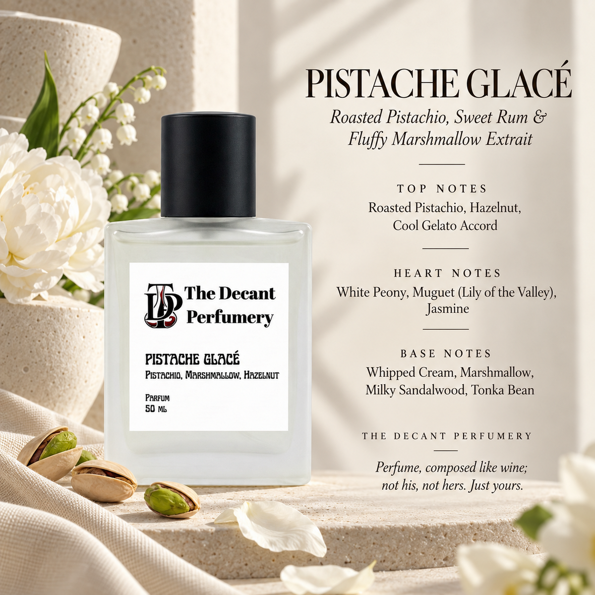 Pistache Glacé perfume notes artwork, 4000 by 4000 pixels